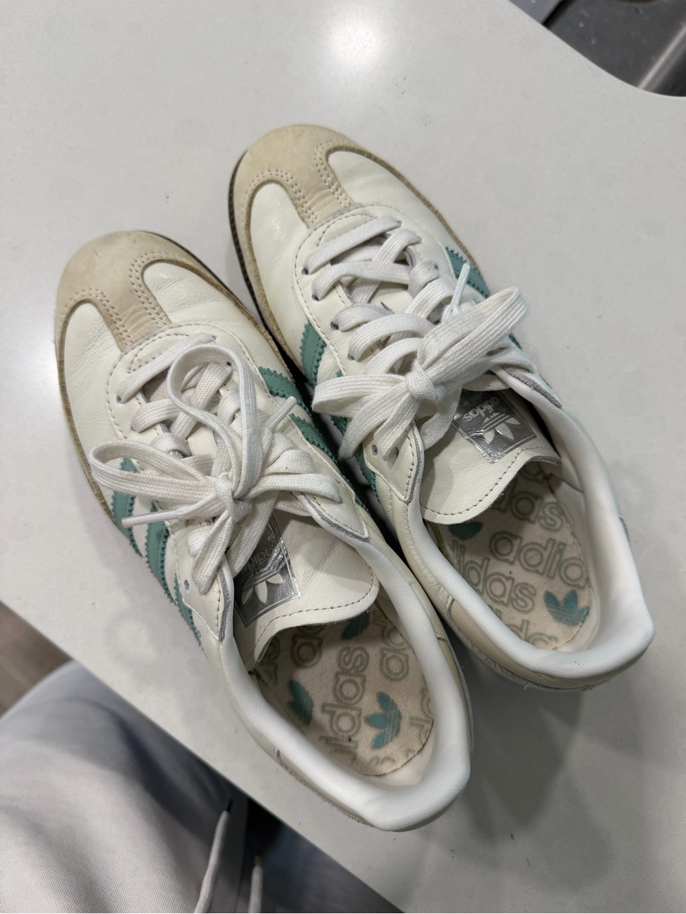 adidas White Sneakers with Teal Stripes and Beige Accents